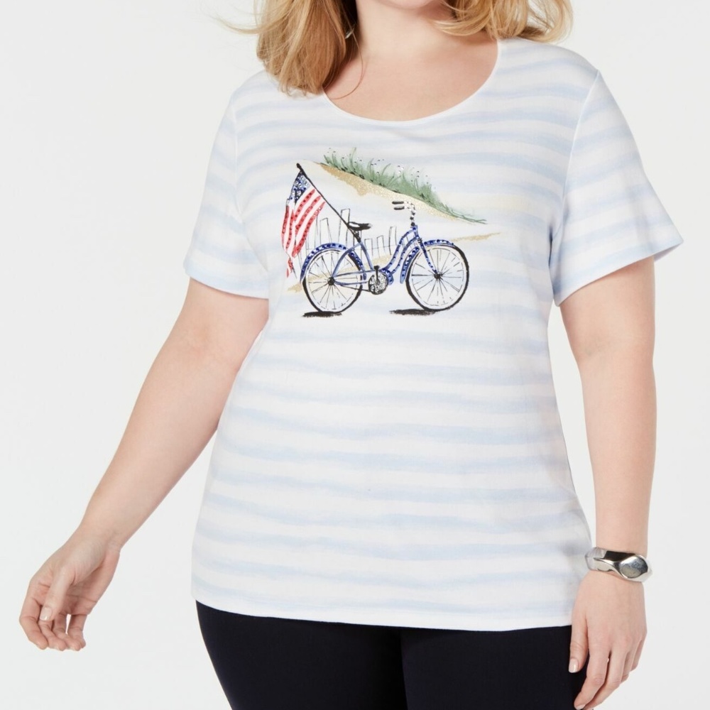 Karen Scott Women's Patriotic/Bicycle Embellished T-Shirt Tops Plus Sizes 0X/1X